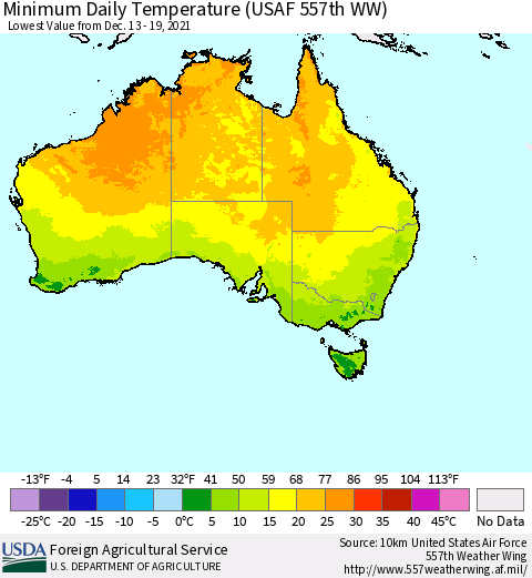 Australia Minimum Daily Temperature (USAF 557th WW) Thematic Map For 12/13/2021 - 12/19/2021
