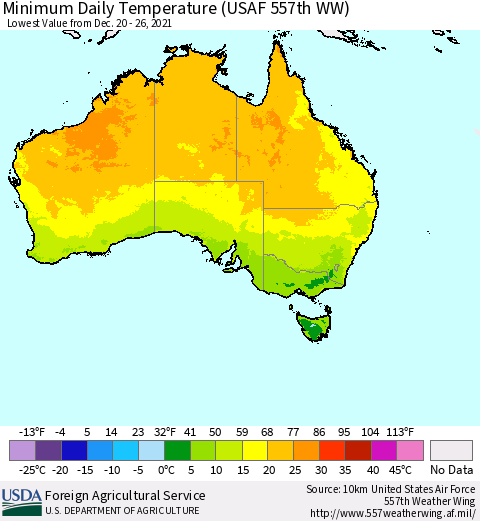 Australia Minimum Daily Temperature (USAF 557th WW) Thematic Map For 12/20/2021 - 12/26/2021