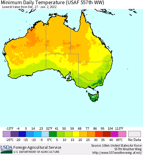 Australia Minimum Daily Temperature (USAF 557th WW) Thematic Map For 12/27/2021 - 1/2/2022