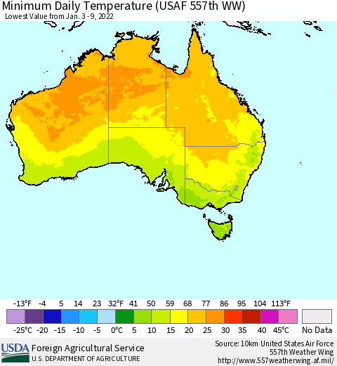 Australia Minimum Daily Temperature (USAF 557th WW) Thematic Map For 1/3/2022 - 1/9/2022