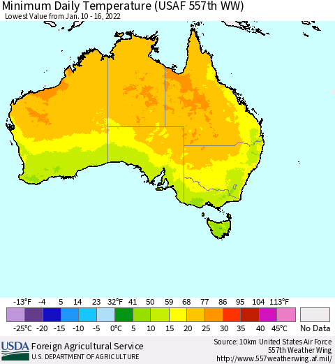 Australia Minimum Daily Temperature (USAF 557th WW) Thematic Map For 1/10/2022 - 1/16/2022