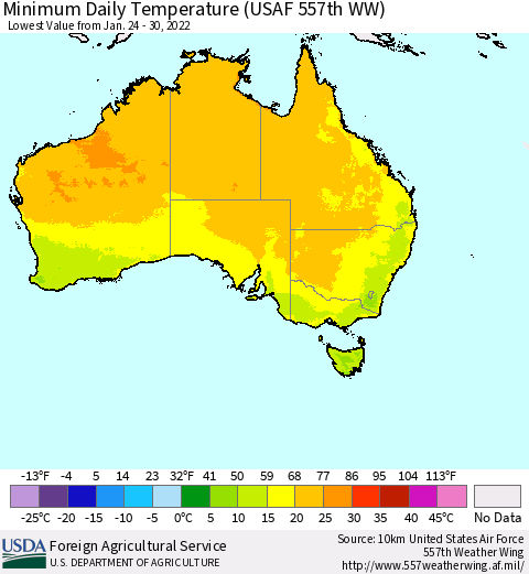 Australia Minimum Daily Temperature (USAF 557th WW) Thematic Map For 1/24/2022 - 1/30/2022