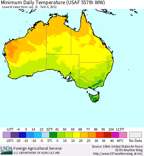 Australia Minimum Daily Temperature (USAF 557th WW) Thematic Map For 1/31/2022 - 2/6/2022