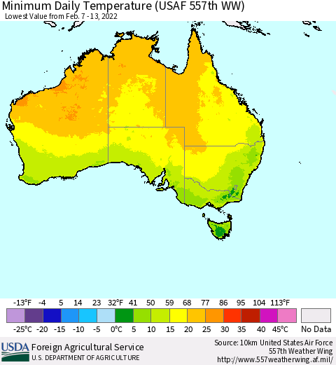 Australia Minimum Daily Temperature (USAF 557th WW) Thematic Map For 2/7/2022 - 2/13/2022