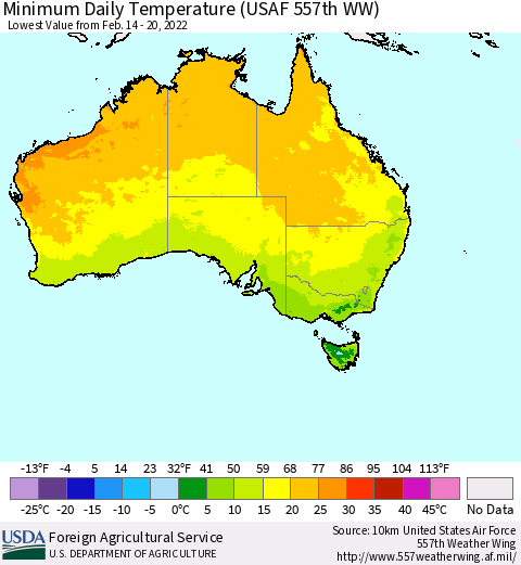 Australia Minimum Daily Temperature (USAF 557th WW) Thematic Map For 2/14/2022 - 2/20/2022