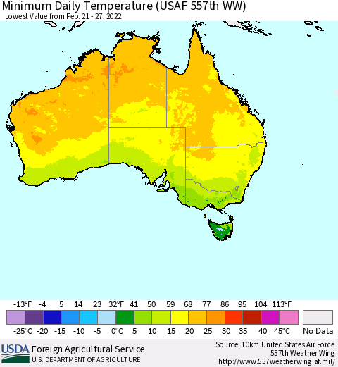 Australia Minimum Daily Temperature (USAF 557th WW) Thematic Map For 2/21/2022 - 2/27/2022
