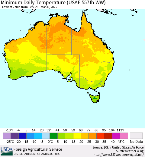 Australia Minimum Daily Temperature (USAF 557th WW) Thematic Map For 2/28/2022 - 3/6/2022