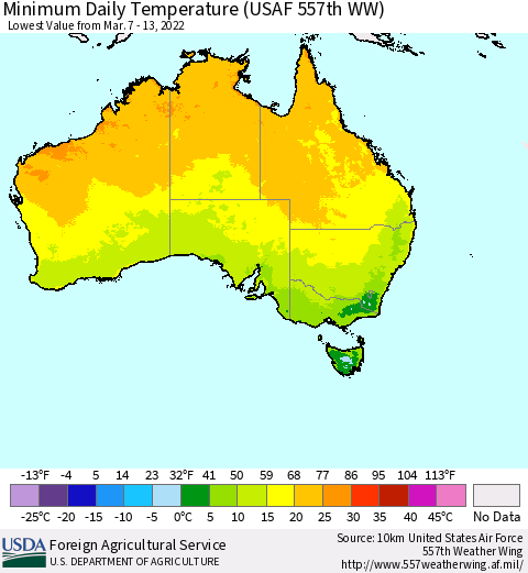 Australia Minimum Daily Temperature (USAF 557th WW) Thematic Map For 3/7/2022 - 3/13/2022