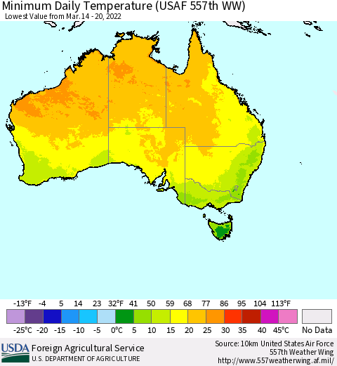 Australia Minimum Daily Temperature (USAF 557th WW) Thematic Map For 3/14/2022 - 3/20/2022