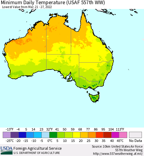 Australia Minimum Daily Temperature (USAF 557th WW) Thematic Map For 3/21/2022 - 3/27/2022