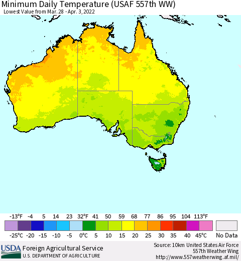 Australia Minimum Daily Temperature (USAF 557th WW) Thematic Map For 3/28/2022 - 4/3/2022