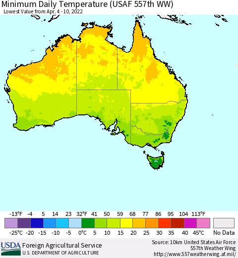 Australia Minimum Daily Temperature (USAF 557th WW) Thematic Map For 4/4/2022 - 4/10/2022