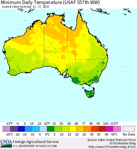 Australia Minimum Daily Temperature (USAF 557th WW) Thematic Map For 4/11/2022 - 4/17/2022