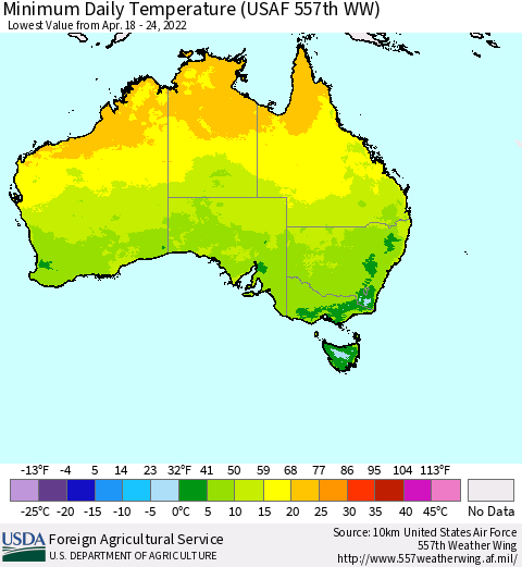 Australia Minimum Daily Temperature (USAF 557th WW) Thematic Map For 4/18/2022 - 4/24/2022