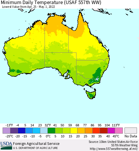 Australia Minimum Daily Temperature (USAF 557th WW) Thematic Map For 4/25/2022 - 5/1/2022