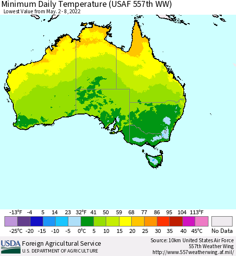 Australia Minimum Daily Temperature (USAF 557th WW) Thematic Map For 5/2/2022 - 5/8/2022
