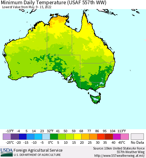 Australia Minimum Daily Temperature (USAF 557th WW) Thematic Map For 5/9/2022 - 5/15/2022