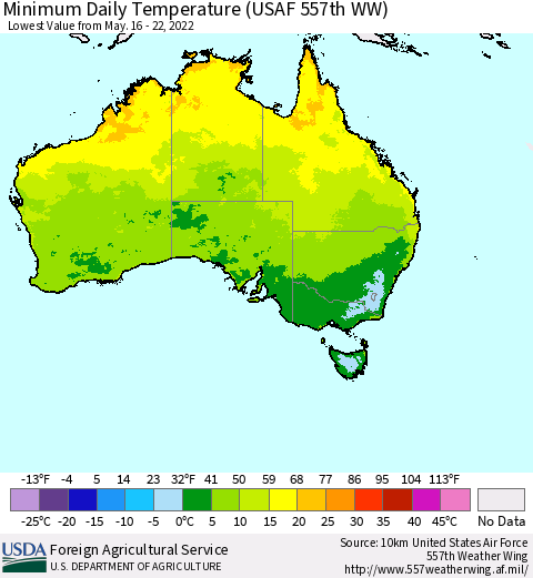 Australia Minimum Daily Temperature (USAF 557th WW) Thematic Map For 5/16/2022 - 5/22/2022