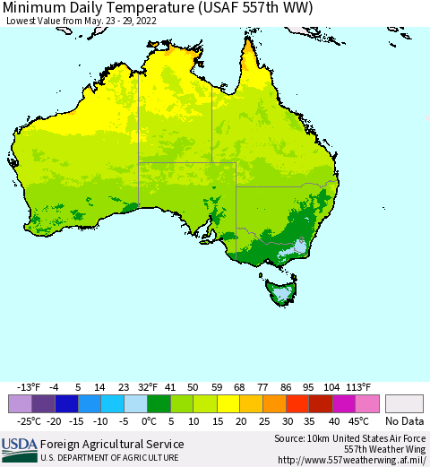 Australia Minimum Daily Temperature (USAF 557th WW) Thematic Map For 5/23/2022 - 5/29/2022
