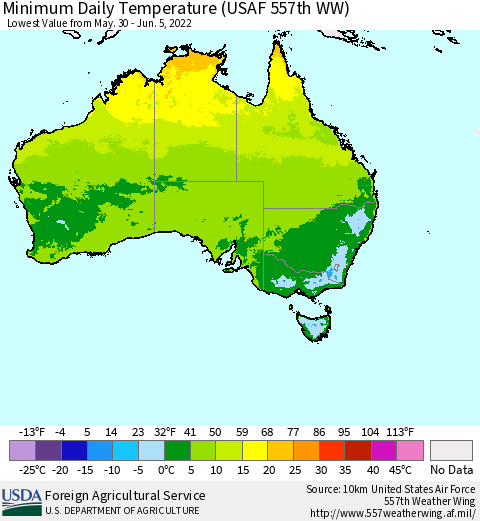 Australia Minimum Daily Temperature (USAF 557th WW) Thematic Map For 5/30/2022 - 6/5/2022