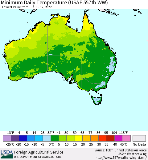 Australia Minimum Daily Temperature (USAF 557th WW) Thematic Map For 6/6/2022 - 6/12/2022