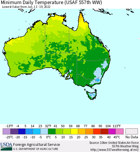 Australia Minimum Daily Temperature (USAF 557th WW) Thematic Map For 6/13/2022 - 6/19/2022