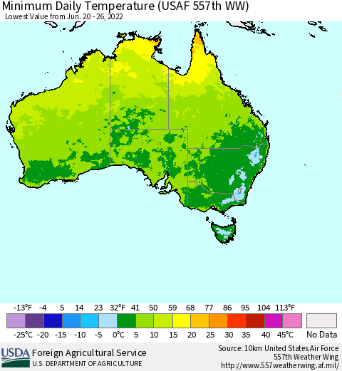 Australia Minimum Daily Temperature (USAF 557th WW) Thematic Map For 6/20/2022 - 6/26/2022