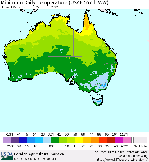 Australia Minimum Daily Temperature (USAF 557th WW) Thematic Map For 6/27/2022 - 7/3/2022