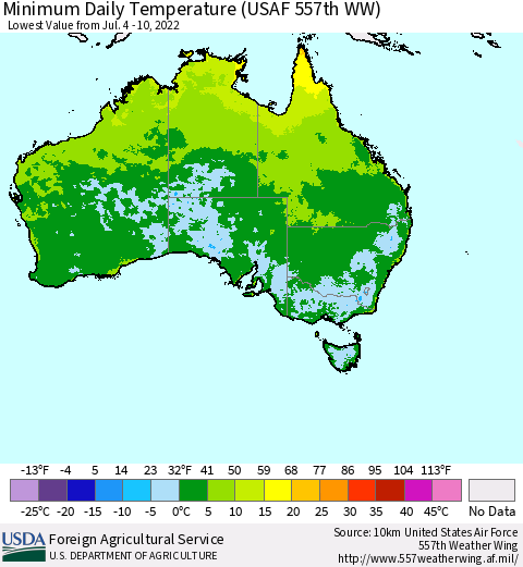 Australia Minimum Daily Temperature (USAF 557th WW) Thematic Map For 7/4/2022 - 7/10/2022