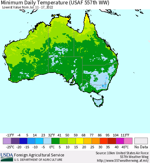 Australia Minimum Daily Temperature (USAF 557th WW) Thematic Map For 7/11/2022 - 7/17/2022