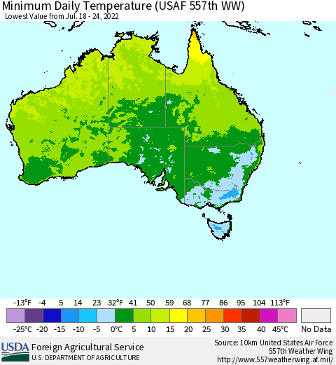 Australia Minimum Daily Temperature (USAF 557th WW) Thematic Map For 7/18/2022 - 7/24/2022