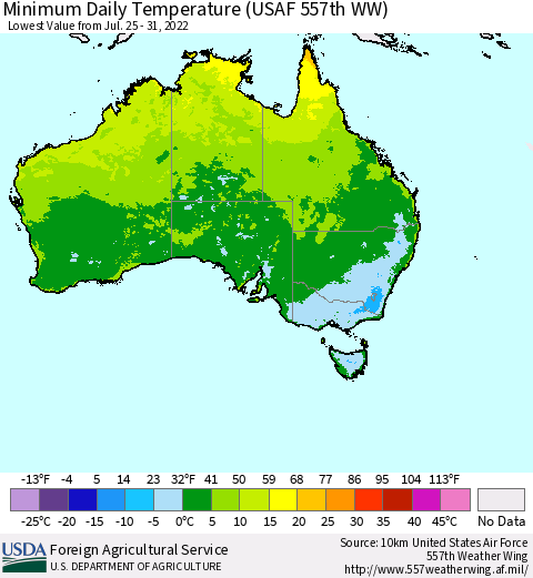 Australia Minimum Daily Temperature (USAF 557th WW) Thematic Map For 7/25/2022 - 7/31/2022
