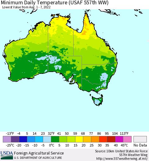 Australia Minimum Daily Temperature (USAF 557th WW) Thematic Map For 8/1/2022 - 8/7/2022