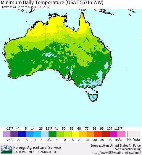 Australia Minimum Daily Temperature (USAF 557th WW) Thematic Map For 8/8/2022 - 8/14/2022