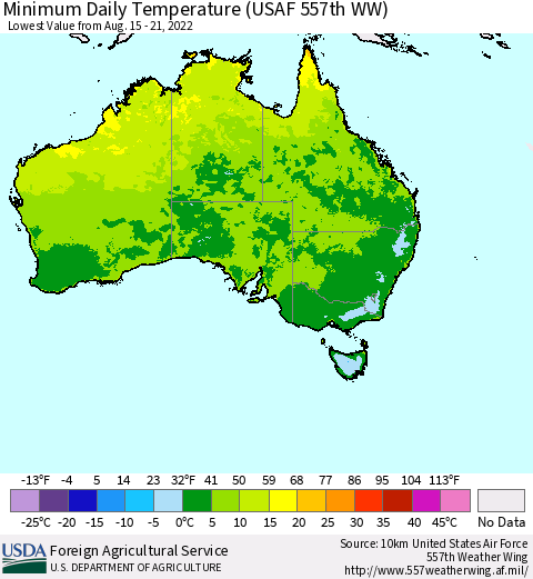 Australia Minimum Daily Temperature (USAF 557th WW) Thematic Map For 8/15/2022 - 8/21/2022