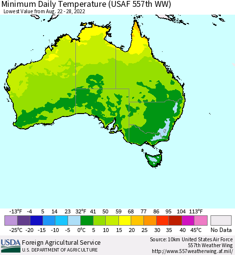 Australia Minimum Daily Temperature (USAF 557th WW) Thematic Map For 8/22/2022 - 8/28/2022