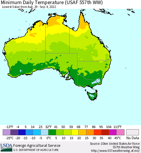 Australia Minimum Daily Temperature (USAF 557th WW) Thematic Map For 8/29/2022 - 9/4/2022