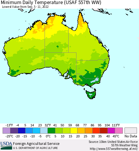 Australia Minimum Daily Temperature (USAF 557th WW) Thematic Map For 9/5/2022 - 9/11/2022