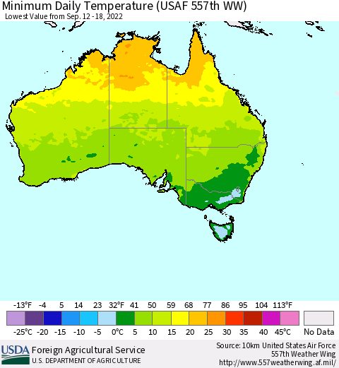 Australia Minimum Daily Temperature (USAF 557th WW) Thematic Map For 9/12/2022 - 9/18/2022