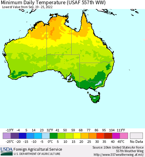 Australia Minimum Daily Temperature (USAF 557th WW) Thematic Map For 9/19/2022 - 9/25/2022