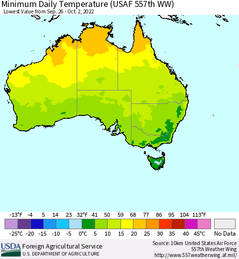 Australia Minimum Daily Temperature (USAF 557th WW) Thematic Map For 9/26/2022 - 10/2/2022