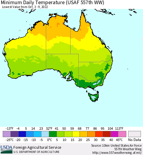 Australia Minimum Daily Temperature (USAF 557th WW) Thematic Map For 10/3/2022 - 10/9/2022
