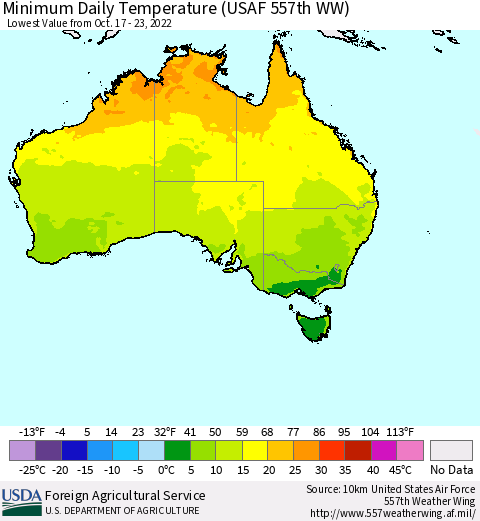Australia Minimum Daily Temperature (USAF 557th WW) Thematic Map For 10/17/2022 - 10/23/2022