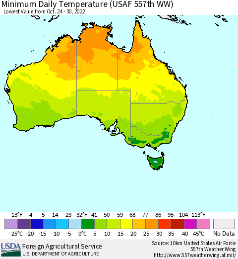Australia Minimum Daily Temperature (USAF 557th WW) Thematic Map For 10/24/2022 - 10/30/2022