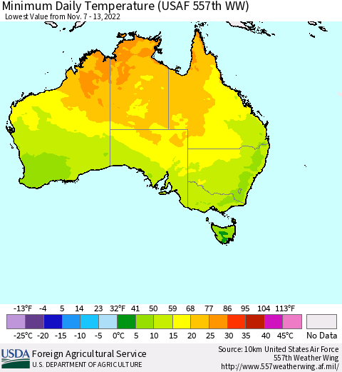 Australia Minimum Daily Temperature (USAF 557th WW) Thematic Map For 11/7/2022 - 11/13/2022