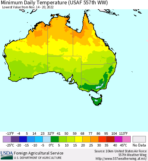 Australia Minimum Daily Temperature (USAF 557th WW) Thematic Map For 11/14/2022 - 11/20/2022