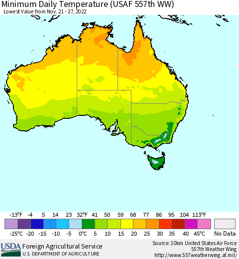 Australia Minimum Daily Temperature (USAF 557th WW) Thematic Map For 11/21/2022 - 11/27/2022