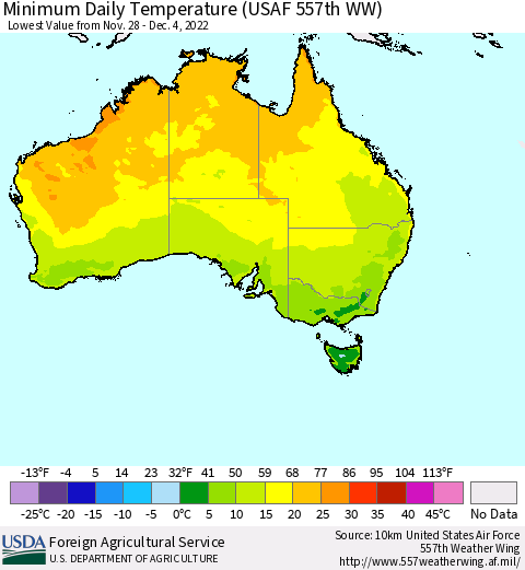 Australia Minimum Daily Temperature (USAF 557th WW) Thematic Map For 11/28/2022 - 12/4/2022