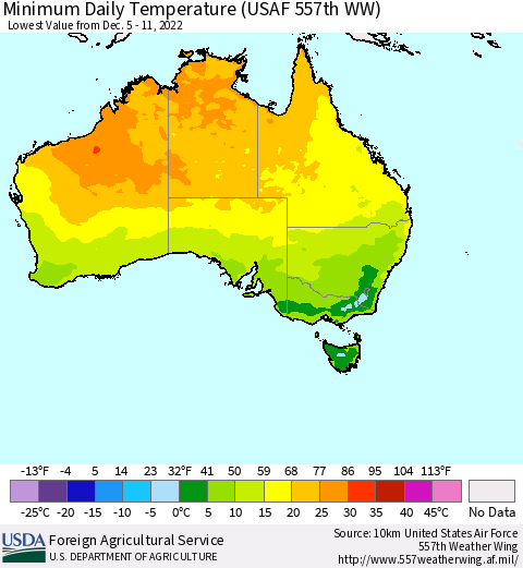Australia Minimum Daily Temperature (USAF 557th WW) Thematic Map For 12/5/2022 - 12/11/2022