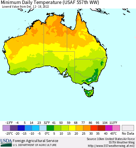 Australia Minimum Daily Temperature (USAF 557th WW) Thematic Map For 12/12/2022 - 12/18/2022